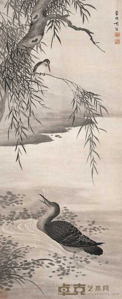 胡湄 柳塘水凫图 立轴 121.5×50cm